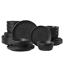 KINGSTONE 24-Piece Hammered Ceramic Dinnerware Sets, Matte Black