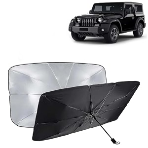 kingsway car sun shade uv protection windshield cover compatible with mahindra thar year 2020 onwards foldable size universal fit umbrella curtain for front window rear window black 1 piece
