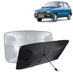 kingsway car sun shade uv protection windshield cover compatible with maruti suzuki 800 year 2000-2014 foldable size universal fit umbrella curtain for front window rear window black 1 piece