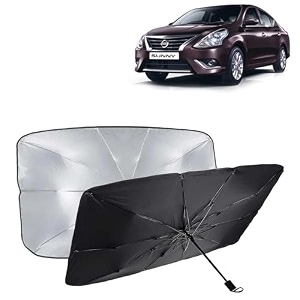 kingsway car sun shade uv protection windshield cover compatible with nissan sunny year 2014-2020 foldable size universal fit umbrella curtain for front window rear window black 1 piece