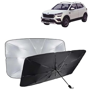 kingsway car sun shade uv protection windshield cover compatible with skoda kushaq year 2021 onwards foldable size universal fit umbrella curtain for front window rear window black 1 piece