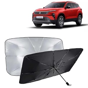 kingsway car sun shade uv protection windshield cover compatible with tata harrier year 2023 onwards foldable size universal fit umbrella curtain for front window rear window black 1 piece