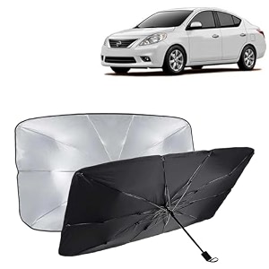 kingsway car sun shade uv protection windshield cover compatible with nissan sunny year 2011-2014 foldable size universal fit umbrella curtain for front window rear window black 1 piece