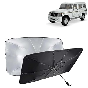 kingsway car sun shade uv protection windshield cover compatible with mahindra bolero year 2000-2019 foldable size universal fit umbrella curtain for front window rear window black 1 piece