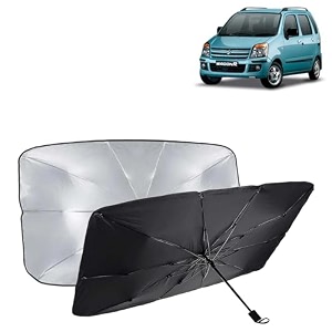kingsway car sun shade uv protection windshield cover compatible with maruti suzuki wagon r year 2003-2010 universal fit umbrella curtain for front window rear window black 1 piece