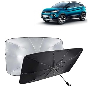 kingsway car sun shade uv protection windshield cover compatible with tata nexon ev year 2020-2023 foldable size universal fit umbrella curtain for front window rear window black 1 piece