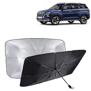 kingsway car sun shade uv protection windshield cover compatible with hyundai alcazar year 2021 onwards foldable size universal fit umbrella curtain for front window rear window black 1 piece