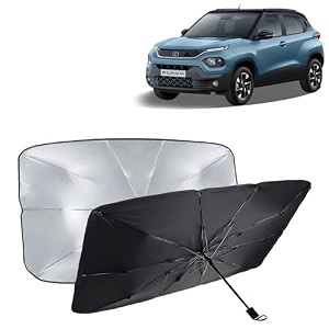 kingsway car sun shade uv protection windshield cover compatible with tata punch year 2021 onwards foldable size universal fit umbrella curtain for front window rear window black 1 piece