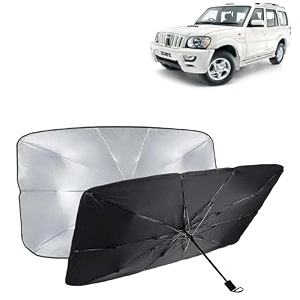 kingsway car sun shade uv protection windshield cover compatible with mahindra scorpio year 2006-2014 foldable size universal fit umbrella curtain for front window rear window black 1 piece