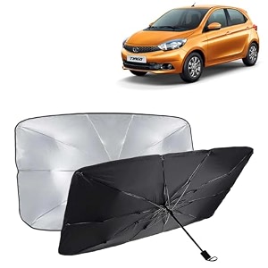 kingsway car sun shade uv protection windshield cover compatible with tata tiago year 2020 onwards foldable size universal fit umbrella curtain for front window rear window black 1 piece