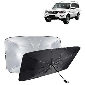 kingsway car sun shade uv protection windshield cover compatible with mahindra scorpio year 2014-2018 foldable size universal fit umbrella curtain for front window rear window black 1 piece