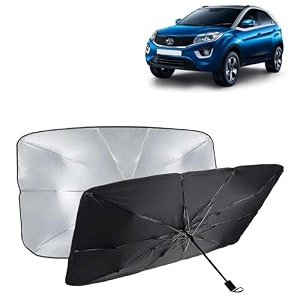 kingsway car sun shade uv protection windshield cover compatible with tata nexon year 2017-2019 foldable size universal fit umbrella curtain for front window rear window black 1 piece