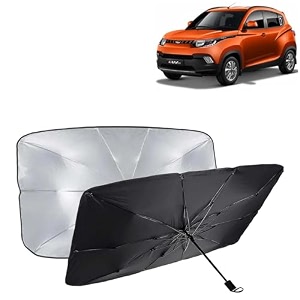 kingsway car sun shade uv protection windshield cover compatible with mahindra kuv 100 year 2016-2021 foldable size universal fit umbrella curtain for front window rear window black 1 piece