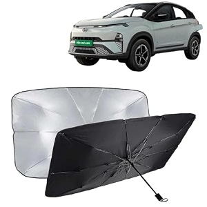 kingsway car sun shade uv protection windshield cover compatible with tata nexon ev year 2023 onwards foldable size universal fit umbrella curtain for front window rear window black 1 piece