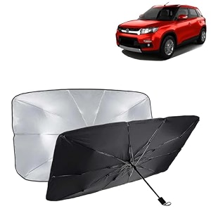 kingsway car sun shade uv protection windshield cover compatible with maruti suzuki vitara brezza year 2016-2019 universal fit umbrella curtain for front window rear window black 1 piece