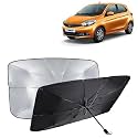 KINGSWAY® Car Sun Shade UV Protection Windshield Cover Compatible with Tata Tiago, (Year 2020 Onwards), Foldable Size Universal Fit Umbrella Curtain for Front Window, Rear Window, Black, 1 Piece