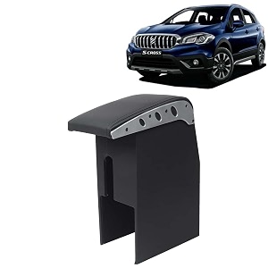 kingsway car wooden armrest organizer compatible with maruti suzuki s cross year 2018-2019 - vehicle specific fit center console black color enhance comfort and storage compartment 1 piece
