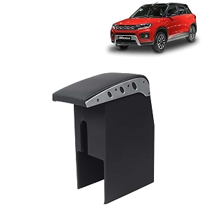 kingsway car wooden armrest organizer compatible with maruti suzuki vitara brezza year 2020-2022 - custom fit center console black color enhance comfort and storage compartment 1 piece