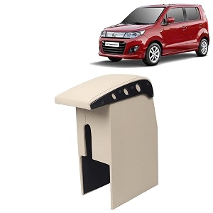 kingsway car wooden armrest organizer compatible with maruti suzuki wagon r stingray year 2014-2018 - custom fit center console beige color enhance comfort and storage compartment 1 piece