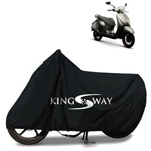 kingsway 100 waterproof tested bike body cover compatible with bajaj chetak for all two wheeler bike scooter scooty with carry bag - rubber coated inside for uv and scratch protection - black