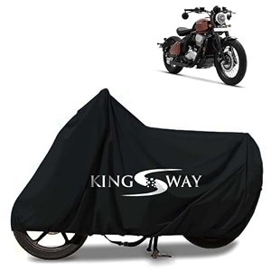 kingsway 100 waterproof tested bike body cover compatible with jawa jawa 42 for all two wheeler bike scooter scooty with carry bag - rubber coated inside for uv and scratch protection - black