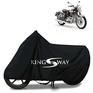 kingsway 100 waterproof bike body cover compatible with royal enfield classic 350 for all two wheeler bike scooter scooty with carry bag - rubber coated inside for uv and scratch protection - black