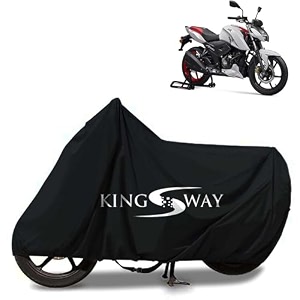 kingsway 100 waterproof bike body cover compatible with tvs apache rtr 160 4v for all two wheeler bike scooter scooty with carry bag - rubber coated inside for uv and scratch protection - black