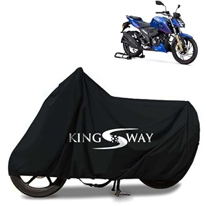 kingsway 100 waterproof bike body cover compatible with tvs apache rtr 200 4v for all two wheeler bike scooter scooty with carry bag - rubber coated inside for uv and scratch protection - black