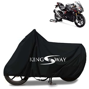 kingsway 100 waterproof bike body cover compatible with tvs apache rr 310 for all two wheeler bike scooter scooty with carry bag - rubber coated inside for uv and scratch protection - black