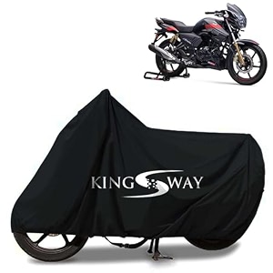 kingsway 100 waterproof bike body cover compatible with tvs apache rtr 180 for all two wheeler bike scooter scooty with carry bag - rubber coated inside for uv and scratch protection - black