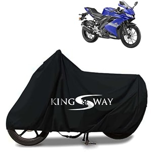 kingsway 100 waterproof tested bike body cover compatible with yamaha r15s for all two wheeler bike scooter scooty with carry bag - rubber coated inside for uv and scratch protection - black