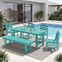 KINGYES 6-Piece Patio Dining Set, HDPE Table Bench and Armless Chairs Aruba