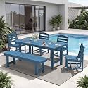 KINGYES 6-Piece Patio Dining Set, HDPE Table Bench and Armless Chairs Blue