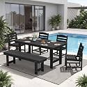KINGYES 6-Piece Patio Dining Set, HDPE Table Bench and Armless Chairs Black