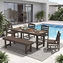 KINGYES 6-Piece Patio Dining Set,HDPE Table Bench and Armless Chairs Coffee