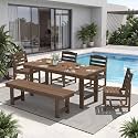 KINGYES 6-Piece Patio Dining Set, HDPE Table Bench and Armless Chairs Brown