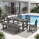KINGYES 6-Piece Patio Dining Set, HDPE Table Bench and Armless Chairs Gray