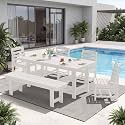 KINGYES 6-Piece Patio Dining Set, HDPE Table Bench and Armless Chairs White