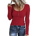 KINLONSAIR Women Long Sleeve Henley Shirts Scoop Neck T-shirt Basic Tops