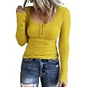 KINLONSAIR Women Long Sleeve Henley Shirts Scoop Neck T-shirt Basic Tops