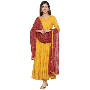KIPEK Womens Mustard Block Print Kurta with