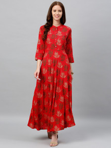 kipek floral print viscose rayon anarkali kurta for women red