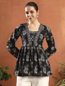 Kirnya Casual Printed Women Black Top