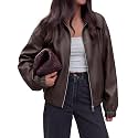 KIRUNDO Fall Faux Leather Jacket Women Oversized Zip Up Bomber Coats