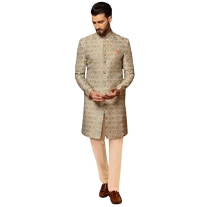 kisah men39s indo-western sherwani churidar set multi cotton jacquard regular fit mandarin collar long sleeves