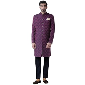 kisah men39s indo-western sherwani yellow silk blend jacquard mandarin collar regular fit long sleeves