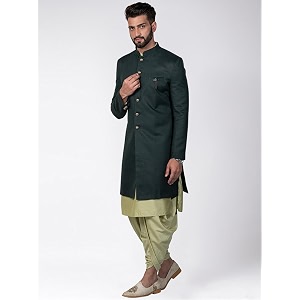kisah men39s indo-western kurta sherwani dhoti set green cotton blend solid dyed regular fit mandarin collar full sleeves