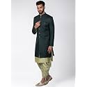 KISAH Men's Indo-Western Kurta Sherwani Dhoti Set, Green Cotton Blend, Solid Dyed Regular Fit Mandarin Collar Full Sleeves
