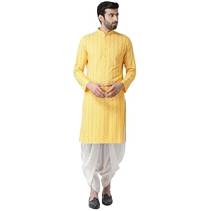 KISAH Mens Kurta Dhoti Set Yellow Cotton