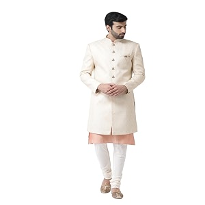 kisah men39s kurta sherwani churidar set indo-western grey silk blend woven design regular fit mandarin collar full sleeves